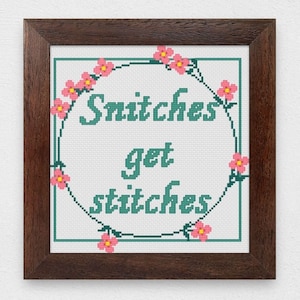 Snitches Get Stitches Cross Stitch Pattern Download - Snarky, Funny, Dark, Subversive PDF