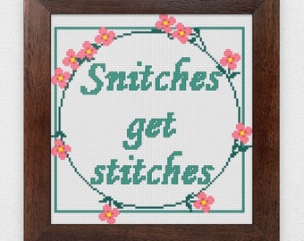 Snitches Get Stitches Cross Stitch Pattern Download - Snarky, Funny, Dark, Subversive PDF