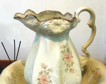 Large Antique Victorian ,Pitcher and Wash Bowl  made in Staffordshire in local mined  Ironstone. very good condition. stunning Antique gift.