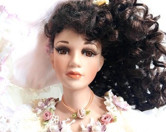 Evangelina is my name. Im very lovely at 56cm tall, a fine porcelain doll. My maker is NJSF American classic collection no 4105A2 stamped.