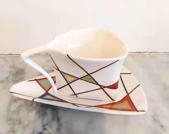 Rare Old Tupton  Inspired cup and saucer/ cake plate. Mondrian style abstract "stain glass window" design from a rarer collection of designs