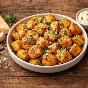 Può includere: Una ciotola bianca piena di patate arrosto dorate e croccanti, guarnite con erbe aromatiche e spezie. Sono presenti anche una salsa bianca cremosa, spicchi d'aglio e una fetta di formaggio.