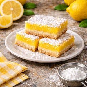 Könnte beinhalten: Drei Zitronenriegel, bestäubt mit Puderzucker, auf einem weißen Teller. Die Riegel haben einen goldenen Boden und eine leuchtend gelbe Füllung. Frische Zitronen und grüne Blätter befinden sich im Hintergrund, zusammen mit einer gelb-weiß karierten Serviette.