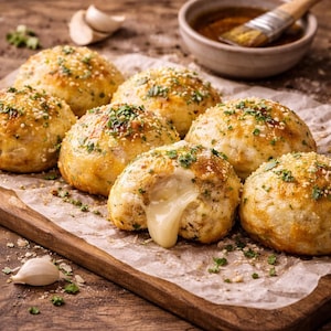 Può includere: Primo piano di diversi panini dorati, alcuni con formaggio fuso. I panini sono cosparsi di erbe e spezie, presentati su un tagliere di legno con uno spicchio d'aglio e una ciotolina di salsa.