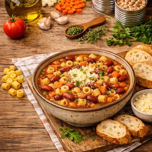 Può includere: Una ciotola di zuppa sostanziosa con pasta, fagioli e verdure, guarnita con formaggio, servita con pane. Ingredienti come pomodori, aglio e olio d'oliva sono disposti intorno alla ciotola su una superficie di legno. Sono visibili anche fagioli e salsa di pomodoro in scatola.