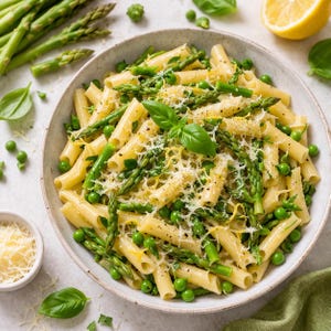 Può includere: Vista dall'alto di un piatto di pasta con asparagi, piselli e formaggio grattugiato. La pasta è in una ciotola bianca, guarnita con foglie di basilico fresco e scorza di limone. Asparagi verdi e piselli sono sparsi intorno alla ciotola.