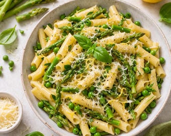 Recette de pâtes printanières à imprimer – Plat facile de pâtes aux asperges, petits pois et citron – Recette végétarienne rapide et fraîche à l'italienne (PDF)