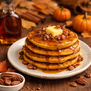 Può includere: Una pila di quattro pancake dorati su un piatto bianco, cosparsi di sciroppo e guarniti con burro e noci pecan. Una bottiglia di sciroppo, zucche e bastoncini di cannella sono sullo sfondo. Una ciotola di noci pecan è in primo piano.