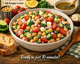Esta receta de ensalada de garbanzos de 10 minutos es una idea rápida y saludable para un almuerzo mediterráneo con tomates, queso feta, pepino y aderezo de limón.