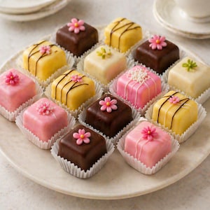 Peut inclure: Une douzaine de petits fours colorés disposés sur une assiette blanche. Les gâteaux de petite taille, de forme carrée, sont décorés de glaçage rose, jaune et chocolat, et garnis de petites fleurs. Chaque gâteau est dans une caissette en papier blanche.