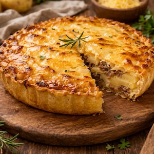 Può includere: Una torta salata dorata con una crosta friabile, ripiena di strati di patate e carne. Una fetta è stata rimossa, rivelando il ripieno. Guarnita con rosmarino, la torta è appoggiata su un tagliere di legno.