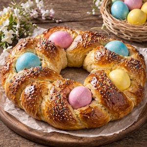May include: A braided Easter bread wreath with colorful dyed eggs. The golden-brown bread is decorated with sprinkles and holds pink, blue, and yellow eggs. The bread sits on a wooden board, with a basket of eggs in the background.