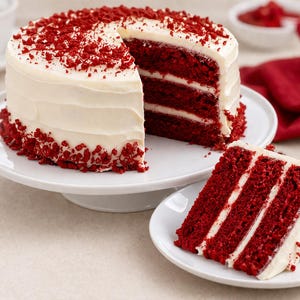Può includere: Una torta velluto rosso a strati con glassa bianca, presentata su un'alzatina bianca. Una fetta di torta è su un piattino. Briciole rosse decorano la torta.