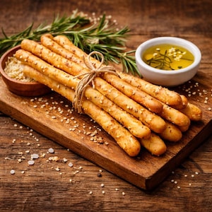 May include: A bundle of golden-brown breadsticks tied with twine, resting on a wooden cutting board. A small bowl of olive oil with rosemary and a bowl of sesame seeds are also present, with scattered seeds on the wooden surface.