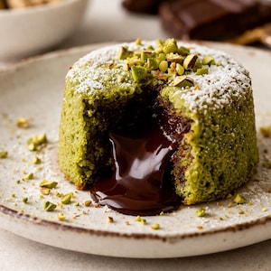 Könnte beinhalten: Ein grüner Pistazien-Lava-Kuchen mit fließendem Schokoladenkern, serviert auf einem gesprenkelten Keramikteller. Der Kuchen ist mit Puderzucker bestäubt und mit gehackten Pistazien belegt. Im Hintergrund eine Schüssel mit Pistazien.