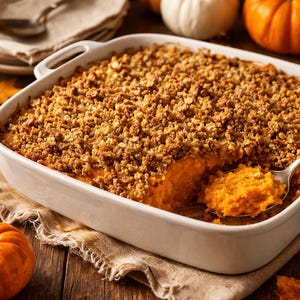 Può includere: Una casseruola di patate dolci al forno in una pirofila rettangolare bianca. La casseruola ha una copertura dorata e friabile e un ripieno arancione brillante. Un cucchiaio ne preleva una porzione. Zucca e foglie autunnali sullo sfondo.