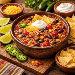May include: A hearty bowl of chili, topped with sour cream, shredded cheese, and tortilla chips. The chili contains tomatoes, beans, corn, and ground meat. Sliced jalapeños and lime wedges are arranged around the bowl, with a wooden background.