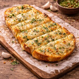 Può includere: Pane all'aglio a fette su un tagliere di legno. Il pane è dorato, condito con formaggio fuso ed erbe. Una piccola ciotola di erbe e spicchi d'aglio sullo sfondo.