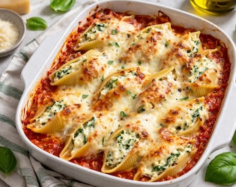 Stuffed Conchiglioni Recipe Printable, Italian Baked Pasta Shells with Ricotta Spinach and Tomato Sauce, Easy Dinner Recipe Cards!