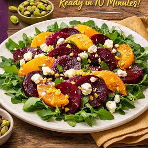 Può includere: Un'insalata vivace con fette di barbabietola, spicchi d'arancia e formaggio sbriciolato su un letto di rucola. Il piatto è guarnito con pistacchi e servito su un piatto bianco. Il testo recita "Ready in 10 Minutes!"