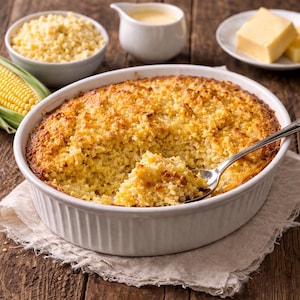 Può includere: Una casseruola di pane di mais al forno in una pirofila ovale bianca, con un cucchiaio che preleva una porzione. Altri elementi includono una ciotola di chicchi di mais, una piccola brocca di salsa e un piatto di burro. Il piatto è su una superficie di legno.
