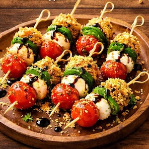 Puede incluir: Un plato de madera contiene varios pinchos de aperitivos. Cada pincho presenta un tomate cherry, una bola de mozzarella, una hoja de albahaca y un topping de pan rallado, rociado con una salsa oscura. Los pinchos están dispuestos en un plato de madera.