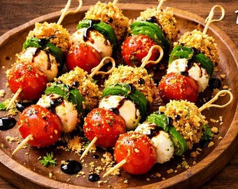 Crispy Mini Caprese Skewers Recipe Card, 5 Minute Italian Appetizer, Easy Party Snack with Mozzarella Tomato Basil Fast Finger Food