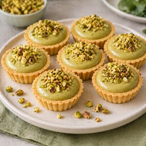 Puede incluir: Siete mini tartas con un relleno verde claro, cubiertas con pistachos picados. Las tartas tienen una corteza dorada y acanalada. Hay pistachos esparcidos alrededor del plato. Un cuenco de pistachos está en el fondo.