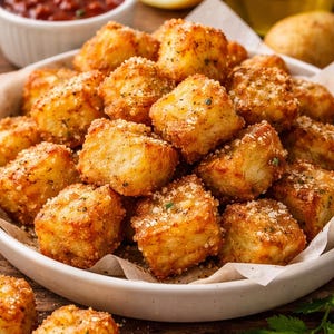 Può includere: Un piatto di bocconcini di patate fritte dorate, cosparsi di erbe aromatiche e parmigiano. Una ciotolina di salsa rossa, una fetta di limone e una bottiglia d'olio sono sullo sfondo. Il cibo è su una superficie di legno.