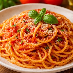 May include: Spaghetti with tomato sauce, basil, and grated cheese on a white plate. The pasta is arranged in a circular shape. The background features a wooden table and fresh tomatoes.