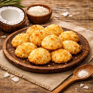 Può includere: Un piatto di legno contiene una dozzina di macaron al cocco dorati. Sullo sfondo, una noce di cocco a metà e una piccola ciotola di legno con cocco grattugiato. Un cucchiaio di legno con scaglie di cocco.