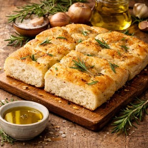 Può includere: Primo piano di pane focaccia appena sfornato, tagliato a quadrati, su un tagliere di legno. Rametti di rosmarino e olio d'oliva sono visibili, insieme ad altri ingredienti. Il pane ha una crosta dorata e un interno morbido.