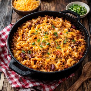 May include: A cast iron skillet filled with baked macaroni and cheese, ground meat, and kidney beans, topped with melted cheddar cheese and chopped green onions. A bowl of shredded cheddar cheese and chopped green onions are in the background.