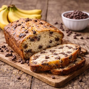 Può includere: Una pagnotta di pane alla banana a fette con gocce di cioccolato, su un tagliere di legno. Un mazzo di banane e una ciotola di gocce di cioccolato sono sullo sfondo. Il pane ha una crosta dorata e gocce visibili.