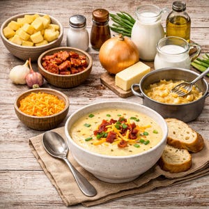 Può includere: Una natura morta di zuppa cremosa di patate in una ciotola bianca, guarnita con pancetta, formaggio grattugiato e erba cipollina. La scena comprende ingredienti come patate, formaggio, cipolle, aglio e pane, suggerendo un pasto sostanzioso.
