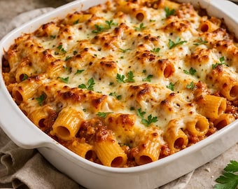 Przepis na pieczone rigatoni do druku, plakat z przepisem na włoski makaron, wydruk z przepisami na jedzenie do kuchni, klasyczny przepis na makaron z piekarnika, natychmiastowe pobieranie