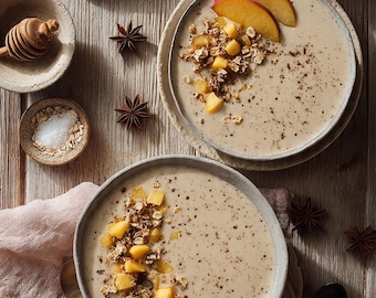 Printbaar recept voor een eiwitshake met perzik en Griekse yoghurt, handleiding voor een romige, eiwitrijke fruitsmoothie als ontbijt of tussendoortje (PDF).