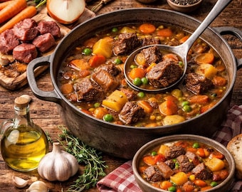 Hearty Beef Stew Recipe Printable Card, Rustic Comfort Food Guide Classic Homemade Meat Stew Instructions, Family Dinner Recipe Kit