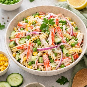 Può includere: Un'insalata di pasta vivace con fusilli, surimi, piselli, mais, cetrioli e cipolla rossa in una ciotola macchiata. Guarnita con prezzemolo. Sono visibili anche altre ciotole con ingredienti.