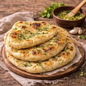 May include: A stack of freshly baked naan bread, golden brown with dark spots, sprinkled with green herbs, and served on a wooden board. A small bowl of green sauce and garlic cloves are in the background.
