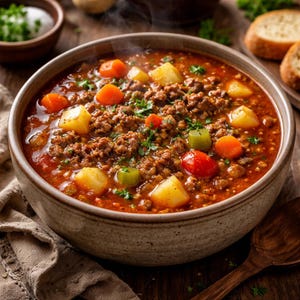 Könnte beinhalten: Eine herzhafte Schüssel Suppe mit Hackfleisch, Kartoffeln, Karotten und Tomaten. Die Suppe ist mit frischer Petersilie garniert und wird in einer rustikalen Keramikschüssel serviert. Brotscheiben sind im Hintergrund zu sehen.