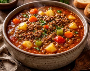 Hamburger Soup Recipe Printable, Easy Hearty Beef Soup, Comfort Food Dinner Idea, One Pot Family Meal, Quick Homemade Soup Guide