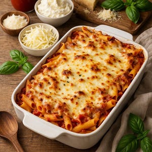 Può includere: Un piatto di pasta al forno in una pirofila rettangolare bianca, ricoperto di formaggio fuso. Il piatto è circondato da ingredienti come formaggio grattugiato, ricotta, salsa di pomodoro e foglie di basilico fresco, il tutto su una superficie di legno.