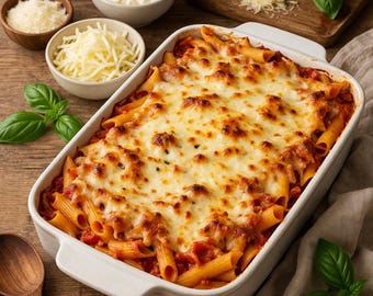 Op de afbeelding: Een gebakken pastagerecht in een witte rechthoekige ovenschaal, gegarneerd met gesmolten kaas. Het gerecht is omringd door ingrediënten zoals geraspte kaas, ricotta, tomatensaus en verse basilicumblaadjes, alles op een houten oppervlak.