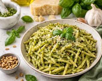 Receta de Trofie con Pesto Imprimible Tarjeta de Receta de Pasta Italiana Descarga Digital Auténticas Guías de Cocina de Pasta con Pesto de Albahaca de Liguria!