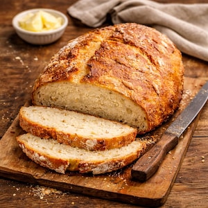 Könnte beinhalten: Ein frisch gebackenes Brot, teilweise geschnitten, auf einem Holzschneidebrett. Die Kruste ist goldbraun, und das Innere ist hell. Eine kleine Schüssel Butter und ein Messer sind ebenfalls vorhanden.