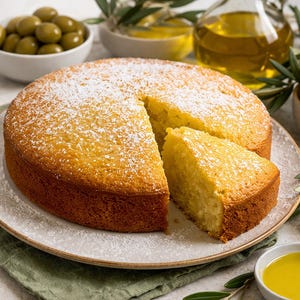 Può includere: Una torta dorata spolverata di zucchero a velo, con una fetta tagliata, è su un piatto colorato chiaro. L'immagine include anche olive, olio d'oliva e un limone, suggerendo un tema mediterraneo.