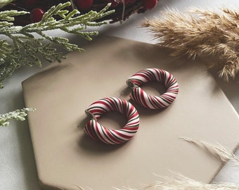 CANDY CANE HOOPS | Handmade Christmas Polymer Clay Earrings - Boho Jewellery - Dangle Earrings - Gifts for Women - Minimalist
