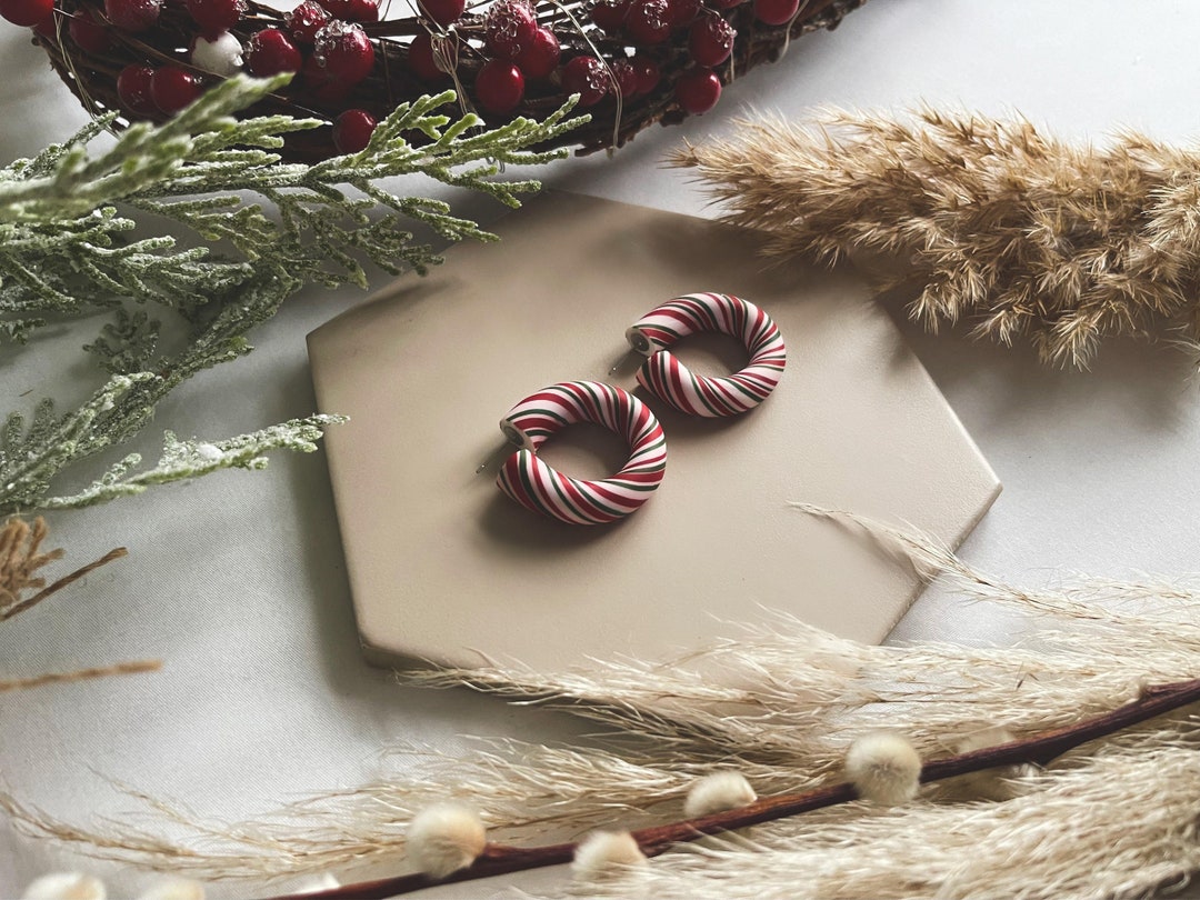 CANDY CANE HOOPS Handmade Christmas Polymer Clay Earrings Boho