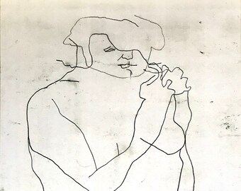 May include: Line drawing of a nude figure standing with one hand raised to their face. The figure is drawn in a simple, minimalist style.